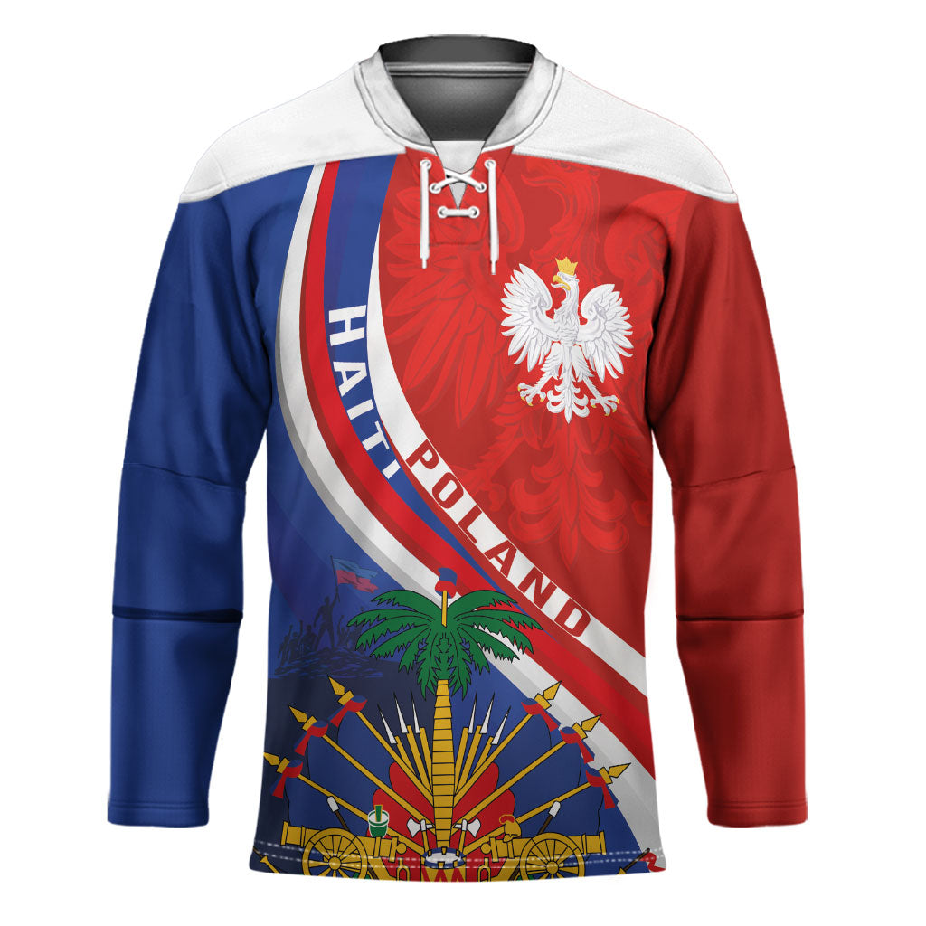 Personalized Haiti and Poland Cultural Fusion Hockey Jersey White Eagle and Haitian Independence Symbols