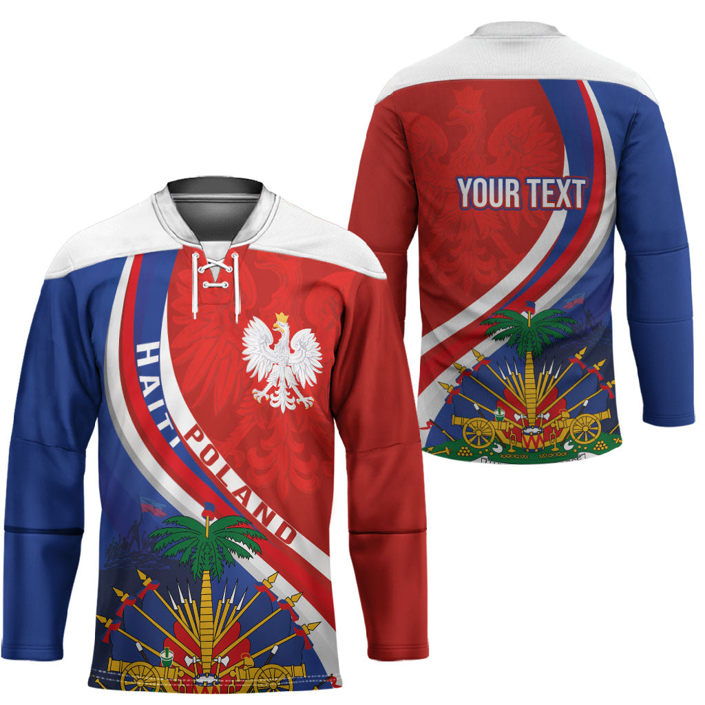 Personalized Haiti and Poland Cultural Fusion Hockey Jersey White Eagle and Haitian Independence Symbols
