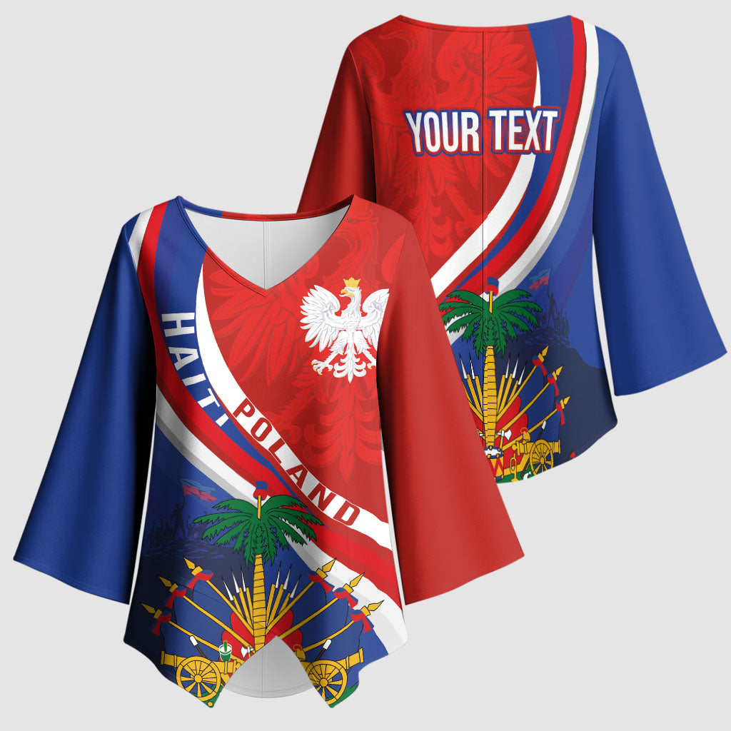 Personalized Haiti and Poland Cultural Fusion Kimono Sleeve Blouse White Eagle and Haitian Independence Symbols