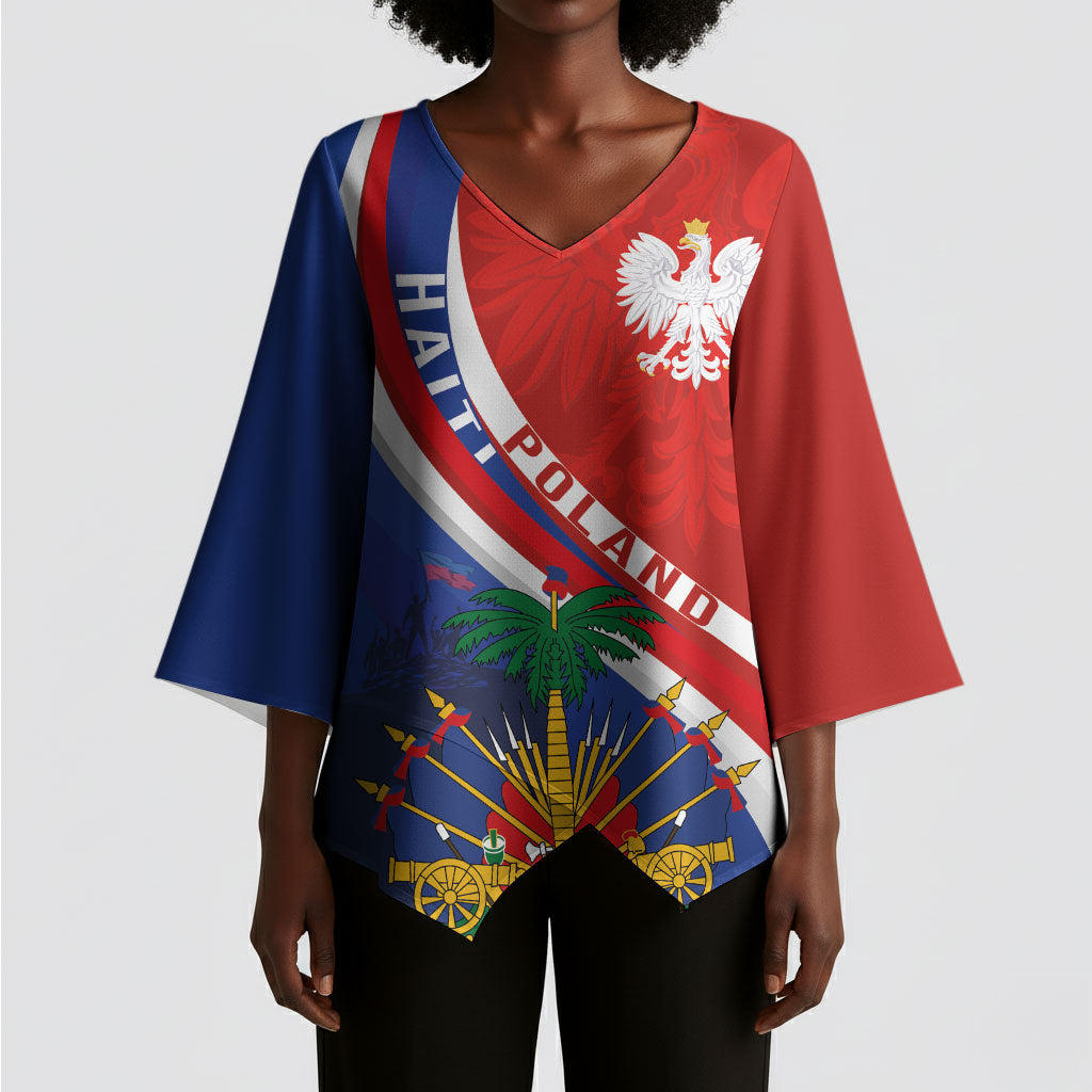 Personalized Haiti and Poland Cultural Fusion Kimono Sleeve Blouse White Eagle and Haitian Independence Symbols