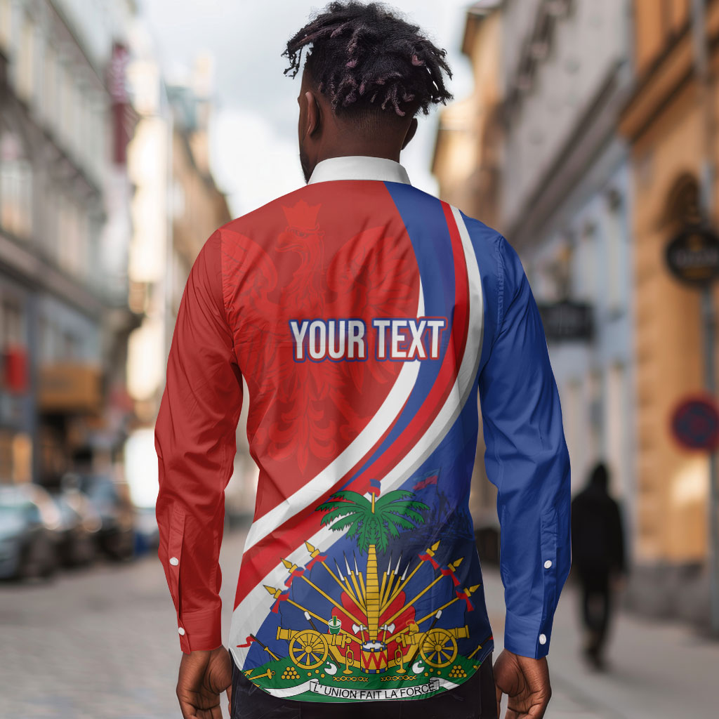 Personalized Haiti and Poland Cultural Fusion Long Sleeve Button Shirt White Eagle and Haitian Independence Symbols