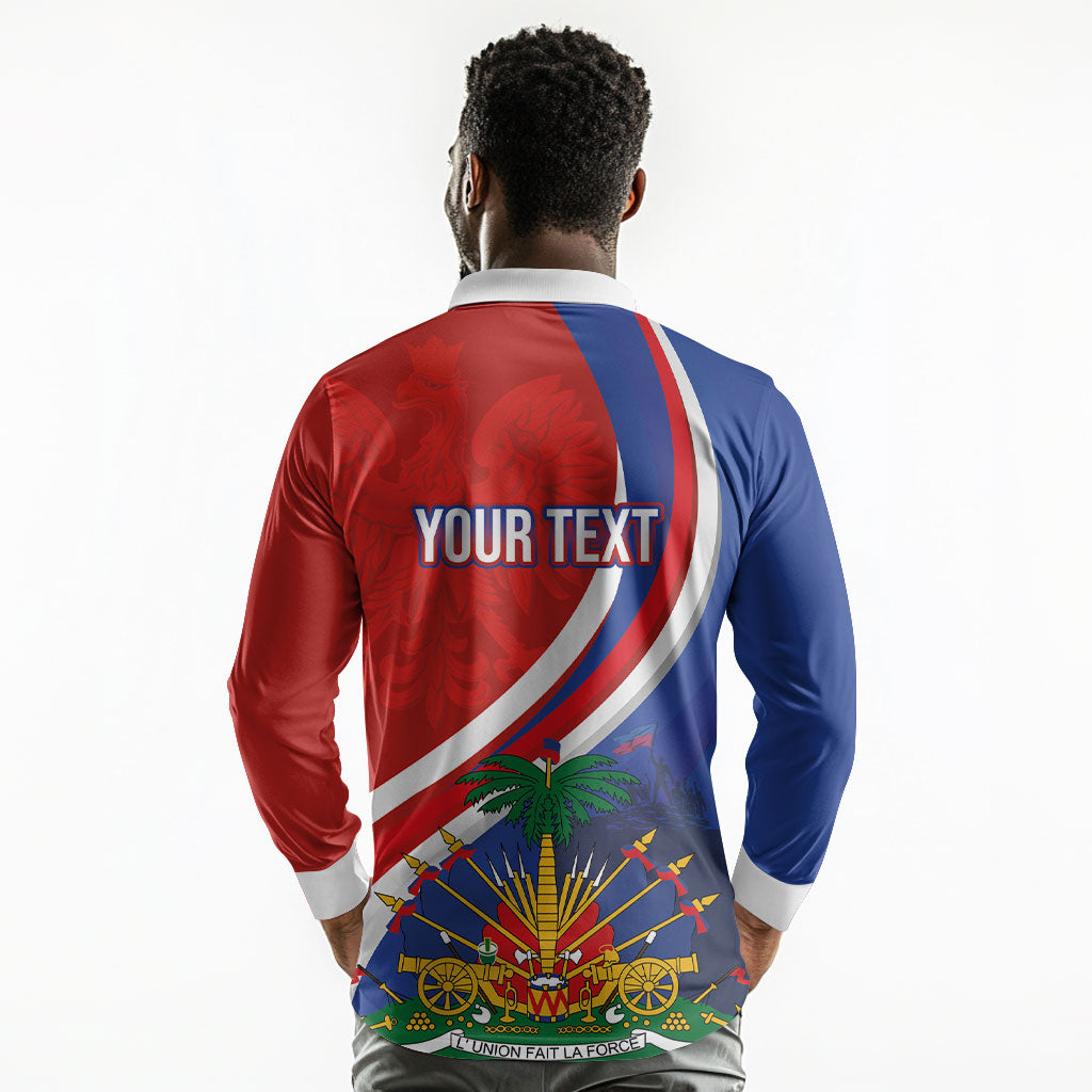 Personalized Haiti and Poland Cultural Fusion Long Sleeve Polo Shirt White Eagle and Haitian Independence Symbols