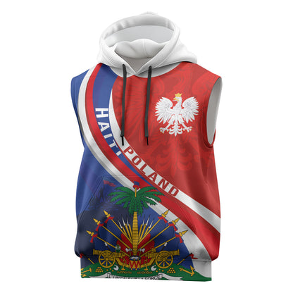 Personalized Haiti and Poland Cultural Fusion Sleeveless Hoodie White Eagle and Haitian Independence Symbols
