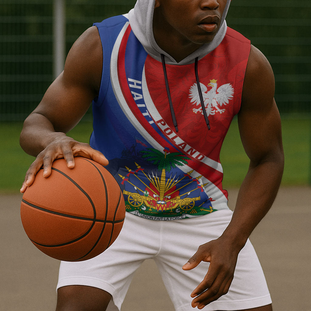 Personalized Haiti and Poland Cultural Fusion Sleeveless Hoodie White Eagle and Haitian Independence Symbols