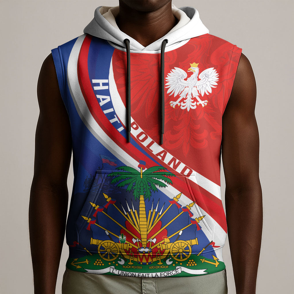 Personalized Haiti and Poland Cultural Fusion Sleeveless Hoodie White Eagle and Haitian Independence Symbols