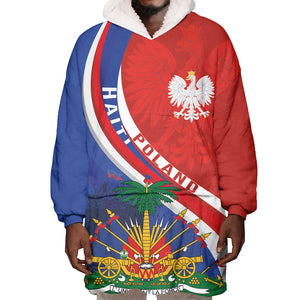 Personalized Haiti and Poland Cultural Fusion Wearable Blanket Hoodie White Eagle and Haitian Independence Symbols