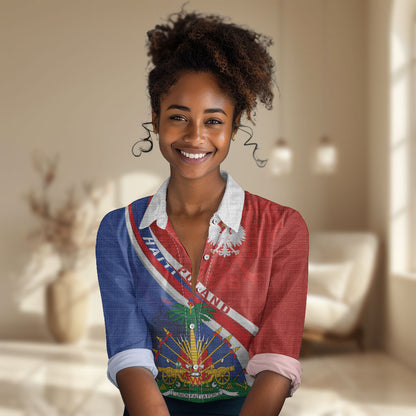 Personalized Haiti and Poland Cultural Fusion Women Casual Shirt White Eagle and Haitian Independence Symbols