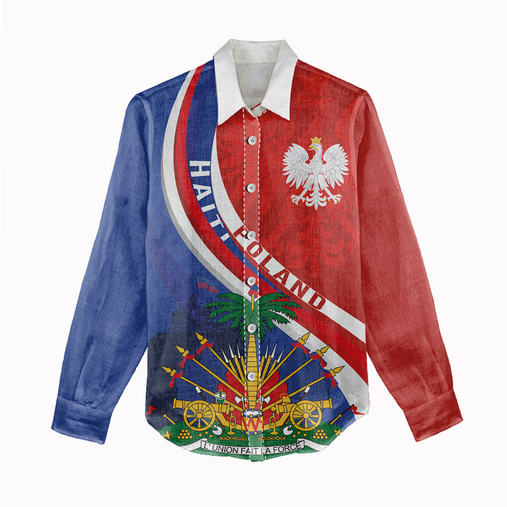 Personalized Haiti and Poland Cultural Fusion Women Casual Shirt White Eagle and Haitian Independence Symbols