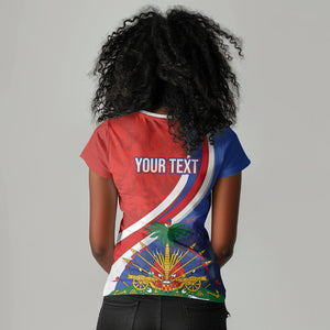 Personalized Haiti and Poland Cultural Fusion Women V-Neck T-Shirt White Eagle and Haitian Independence Symbols