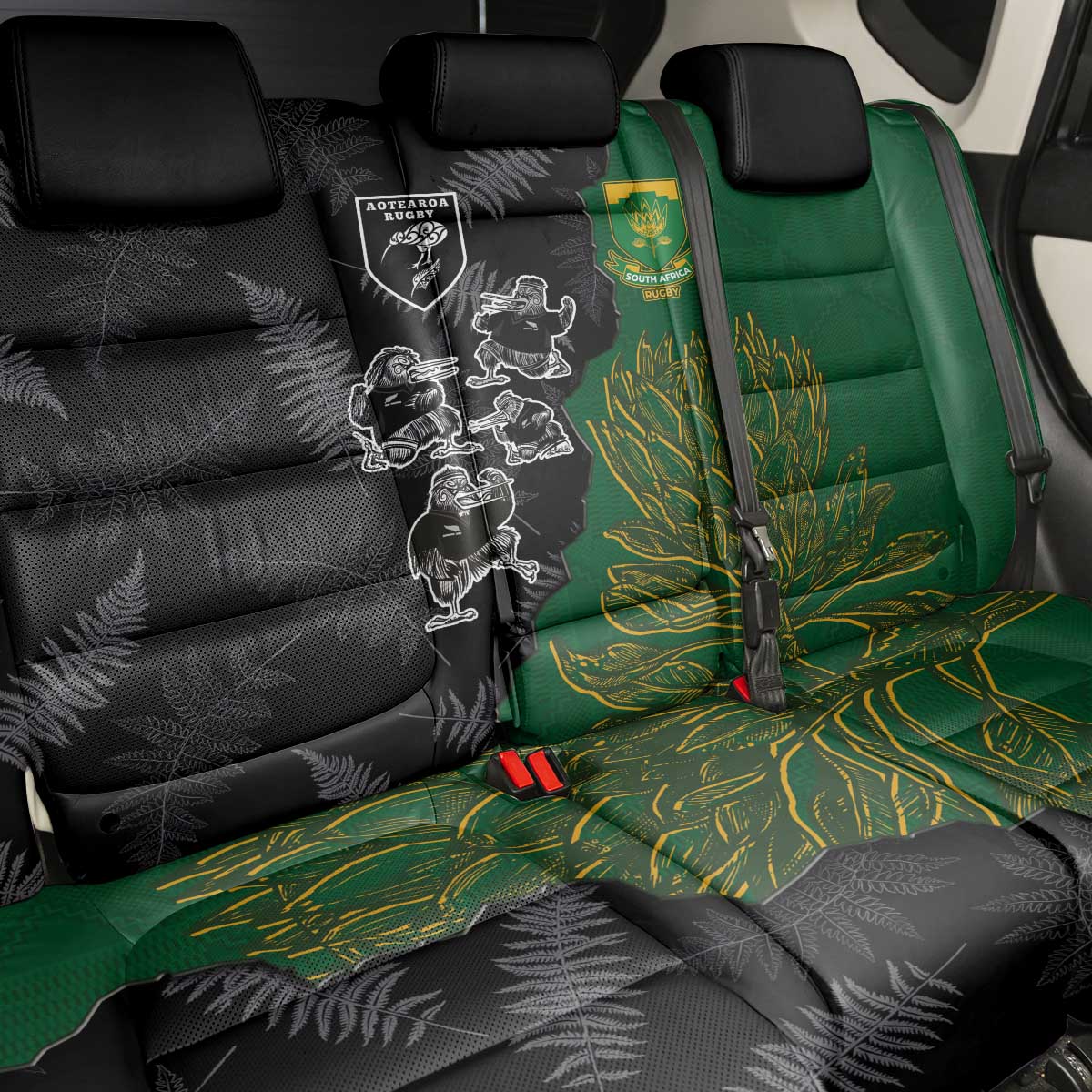 Aotearoa South Africa Rugby Freedom Cup Back Car Seat Cover Kiwi Warriors Haka with King Protea Symbol - African Pride