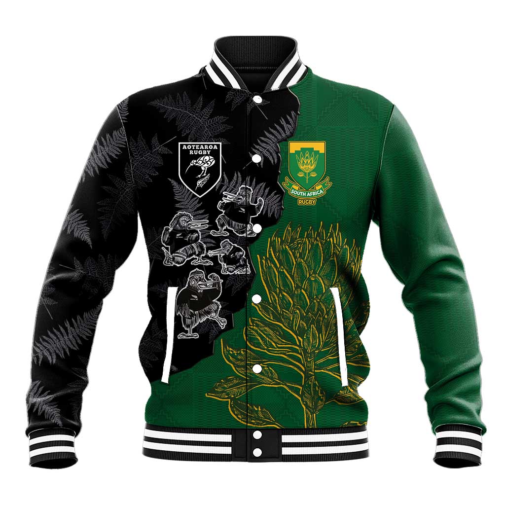 Custom Aotearoa South Africa Rugby Freedom Cup Baseball Jacket Kiwi Warriors Haka with King Protea Symbol - African Pride