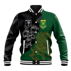Custom Aotearoa South Africa Rugby Freedom Cup Baseball Jacket Kiwi Warriors Haka with King Protea Symbol - African Pride