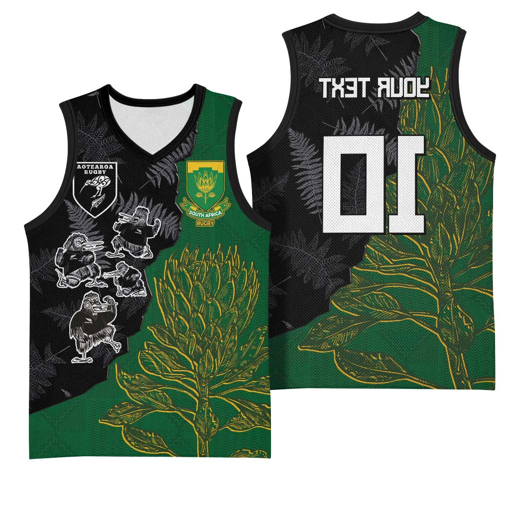 Custom Aotearoa South Africa Rugby Freedom Cup Basketball Jersey Kiwi Warriors Haka with King Protea Symbol - African Pride