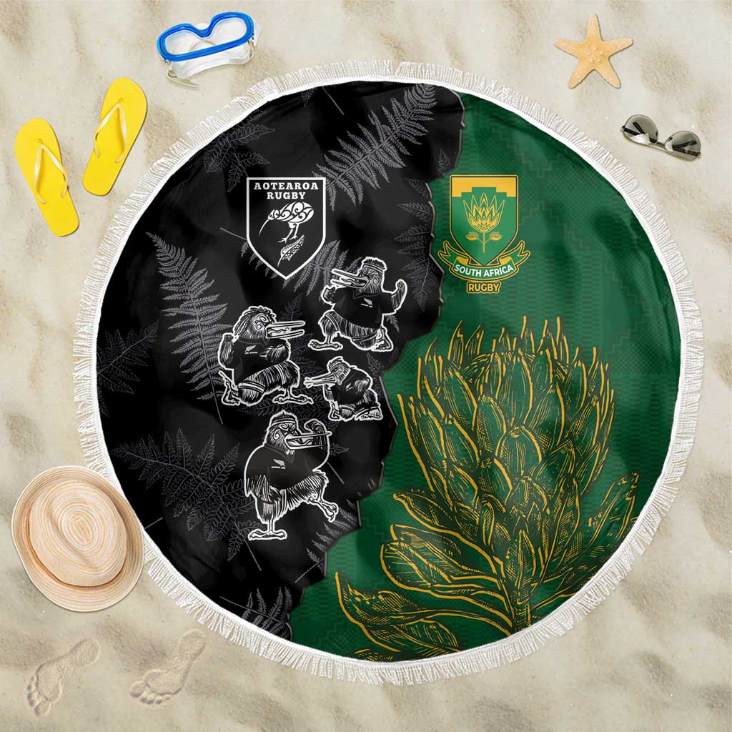 Aotearoa South Africa Rugby Freedom Cup Beach Blanket Kiwi Warriors Haka with King Protea Symbol - African Pride