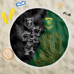 Aotearoa South Africa Rugby Freedom Cup Beach Blanket Kiwi Warriors Haka with King Protea Symbol - African Pride