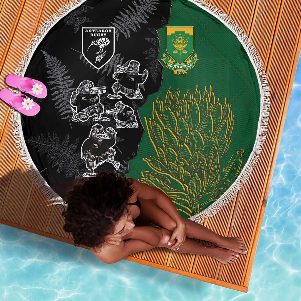 Aotearoa South Africa Rugby Freedom Cup Beach Blanket Kiwi Warriors Haka with King Protea Symbol - African Pride