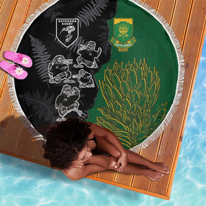 Aotearoa South Africa Rugby Freedom Cup Beach Blanket Kiwi Warriors Haka with King Protea Symbol - African Pride