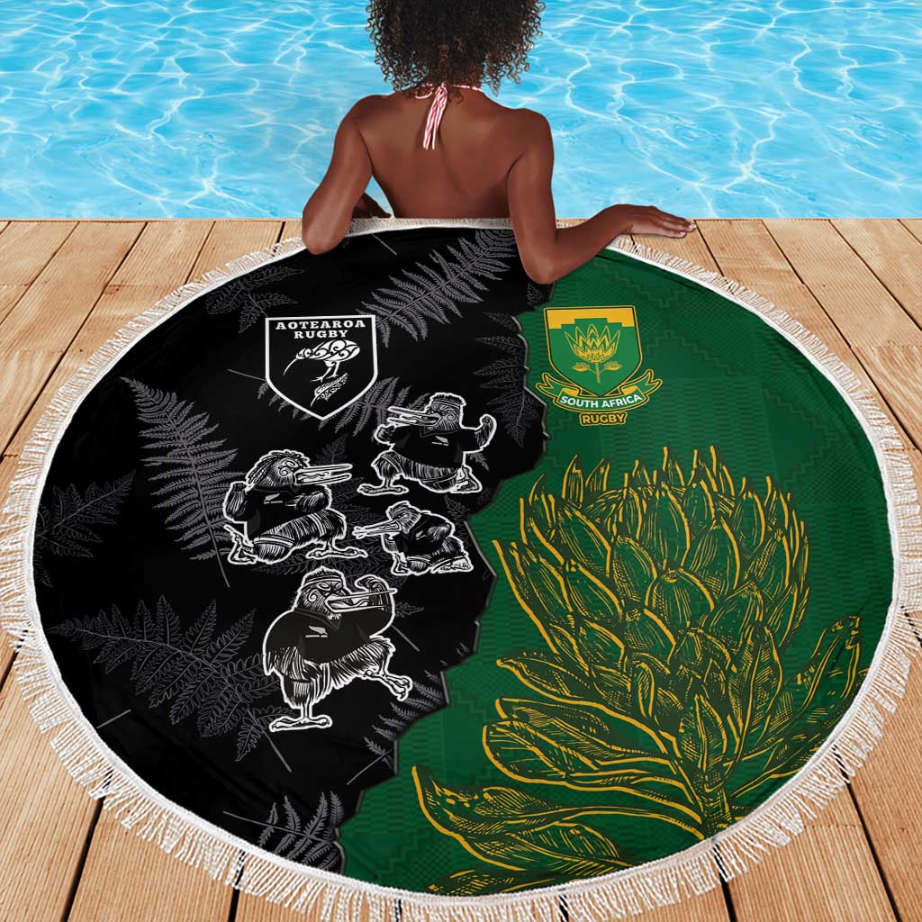 Aotearoa South Africa Rugby Freedom Cup Beach Blanket Kiwi Warriors Haka with King Protea Symbol - African Pride