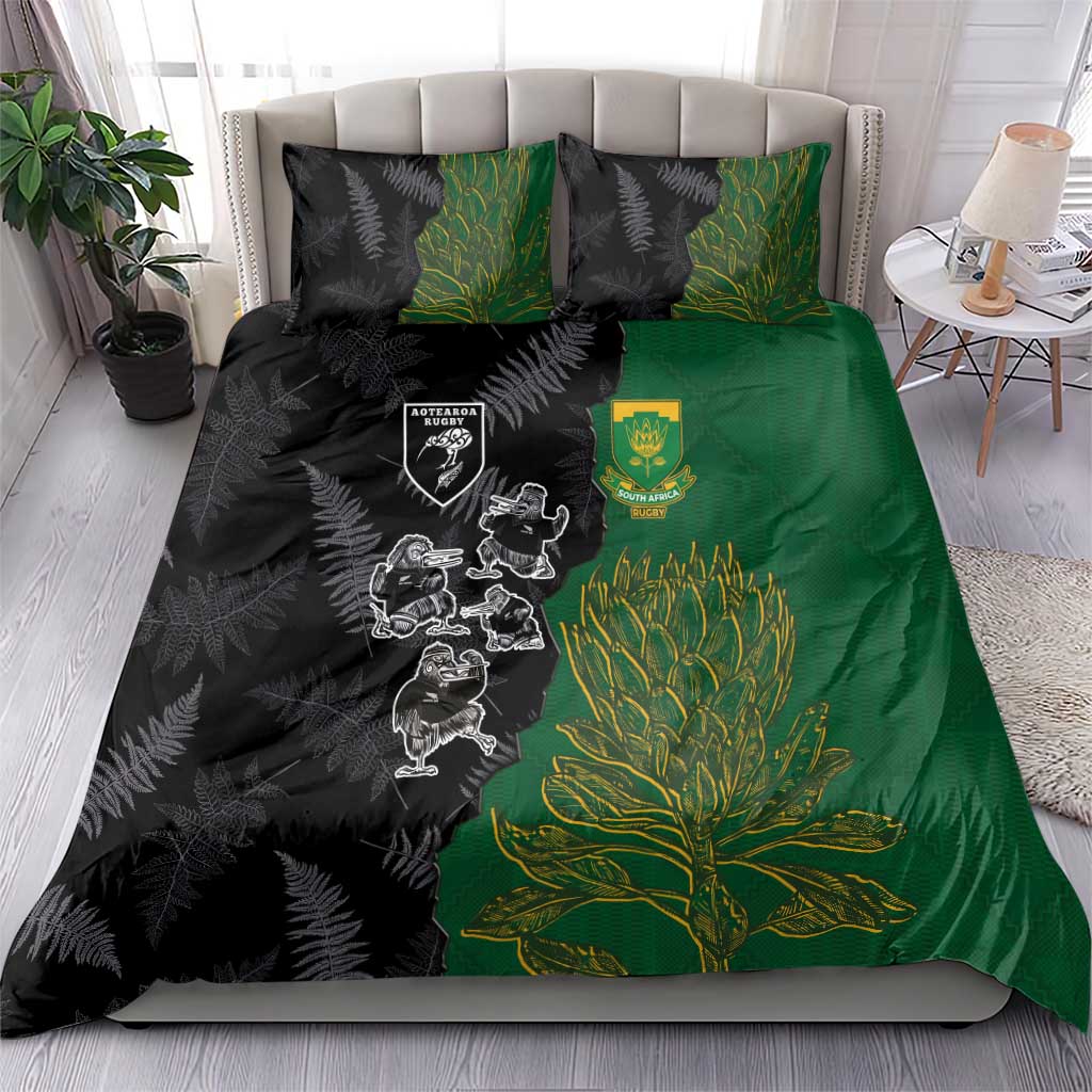 Aotearoa South Africa Rugby Freedom Cup Bedding Set Kiwi Warriors Haka with King Protea Symbol - African Pride