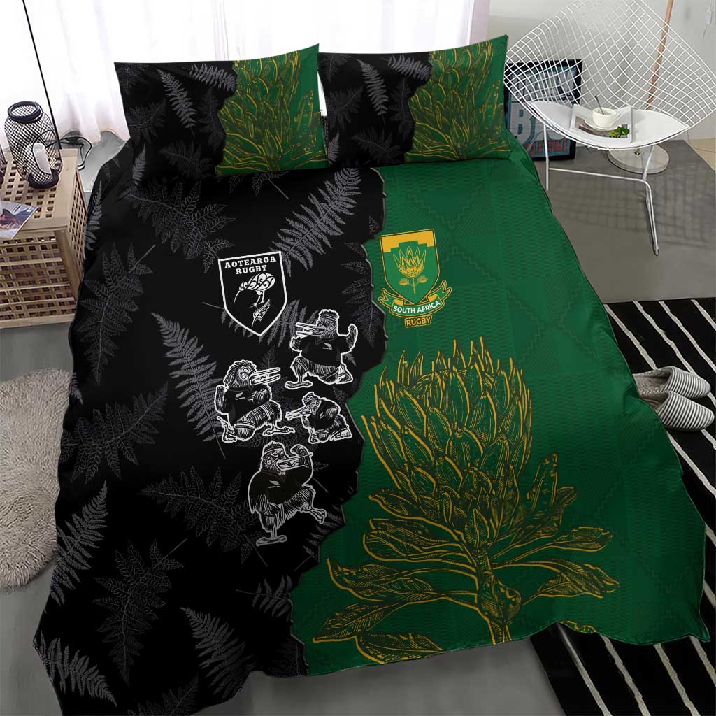 Aotearoa South Africa Rugby Freedom Cup Bedding Set Kiwi Warriors Haka with King Protea Symbol - African Pride