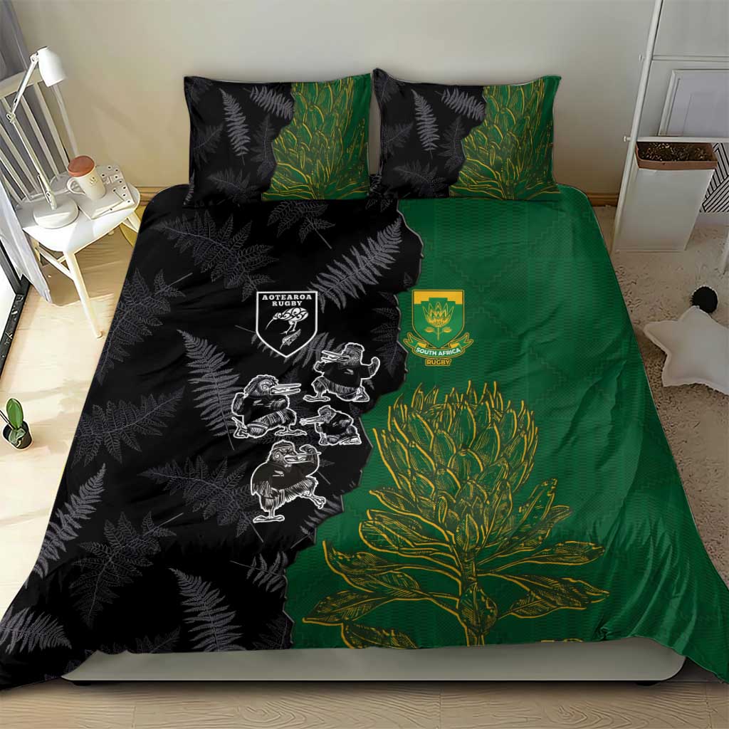 Aotearoa South Africa Rugby Freedom Cup Bedding Set Kiwi Warriors Haka with King Protea Symbol - African Pride