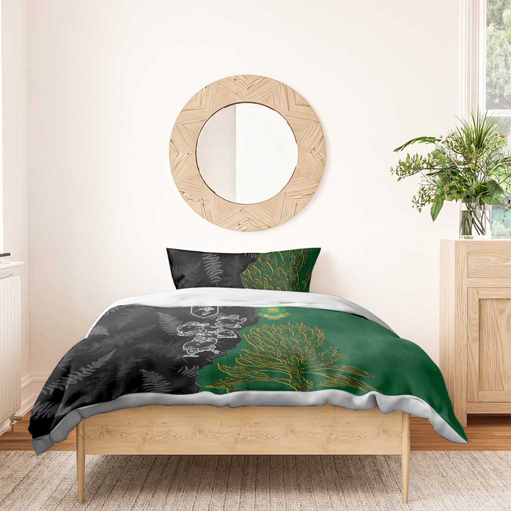 Aotearoa South Africa Rugby Freedom Cup Bedding Set Kiwi Warriors Haka with King Protea Symbol - African Pride