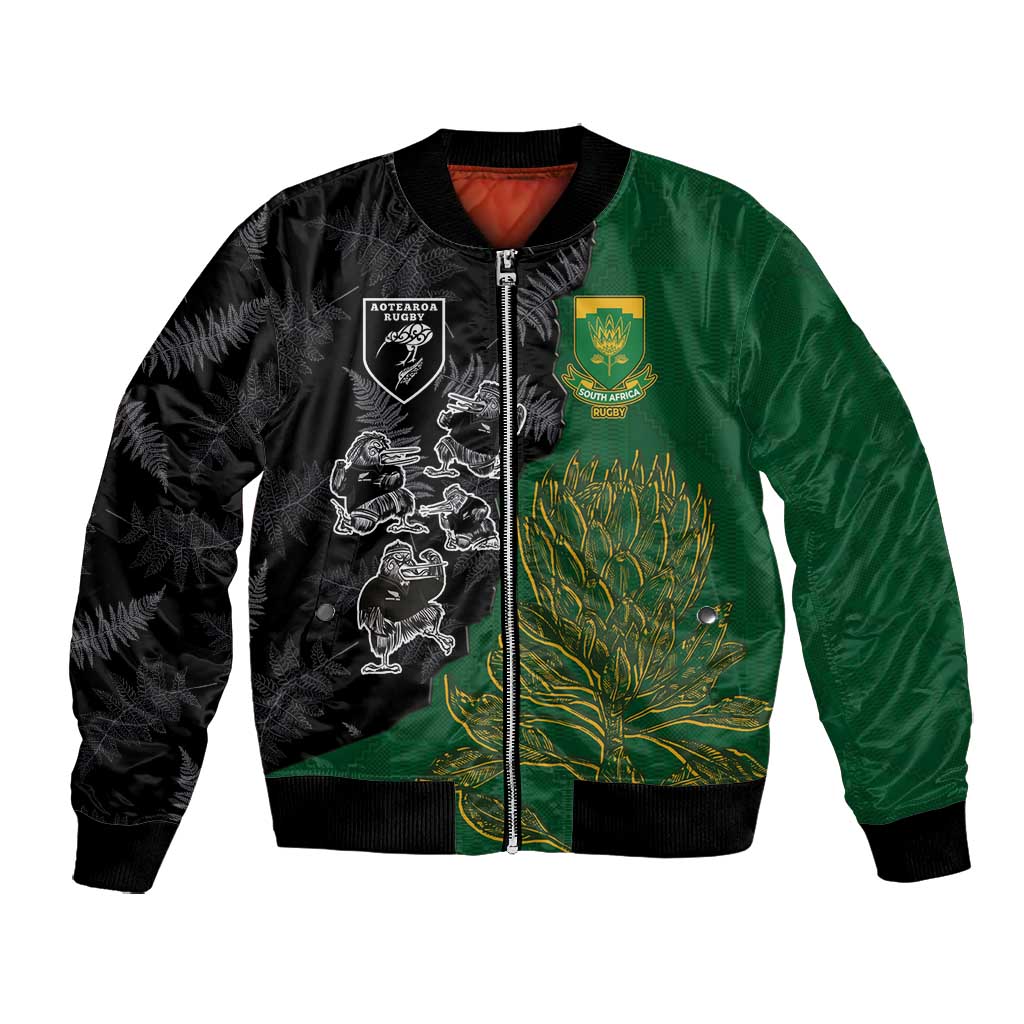 Custom Aotearoa South Africa Rugby Freedom Cup Bomber Jacket Kiwi Warriors Haka with King Protea Symbol - African Pride