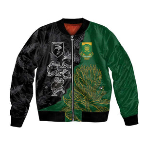 Custom Aotearoa South Africa Rugby Freedom Cup Bomber Jacket Kiwi Warriors Haka with King Protea Symbol - African Pride