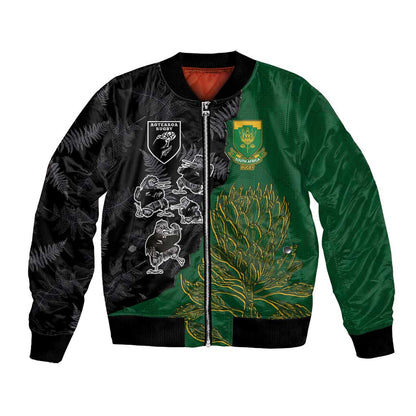Custom Aotearoa South Africa Rugby Freedom Cup Bomber Jacket Kiwi Warriors Haka with King Protea Symbol - African Pride