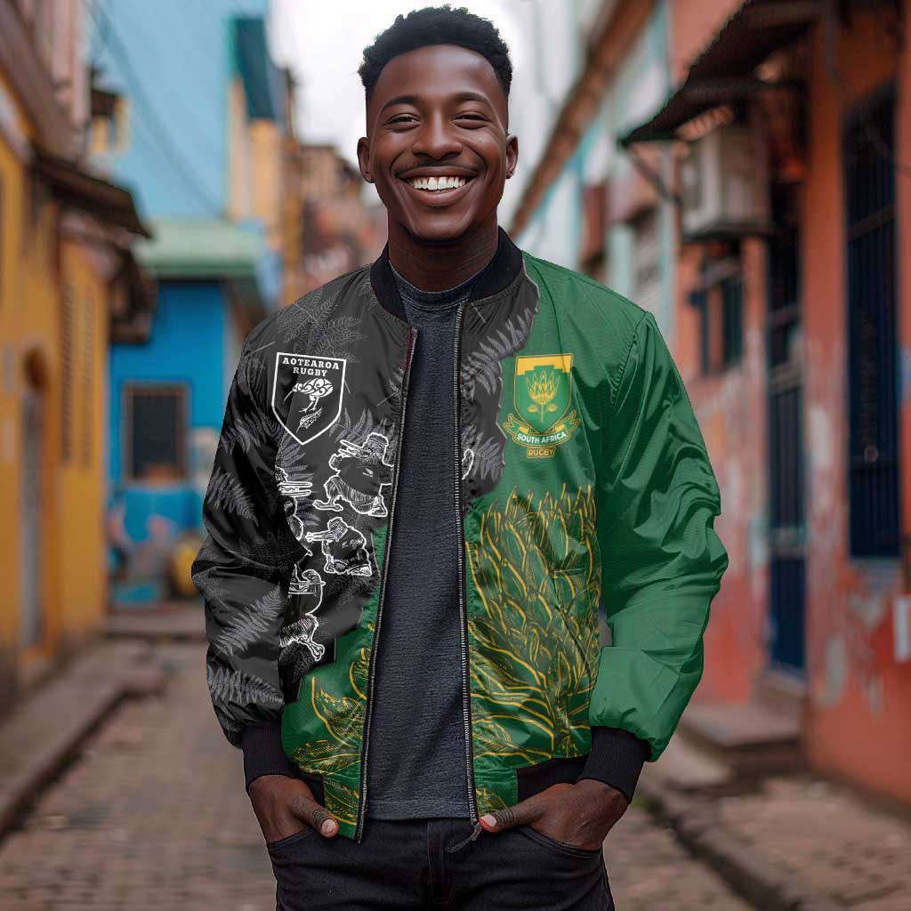 Custom Aotearoa South Africa Rugby Freedom Cup Bomber Jacket Kiwi Warriors Haka with King Protea Symbol - African Pride