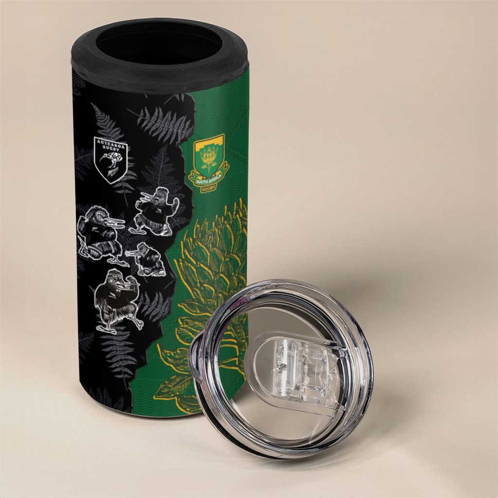 Custom Aotearoa South Africa Rugby Freedom Cup 4 in 1 Can Cooler Tumbler Kiwi Warriors Haka with King Protea Symbol - African Pride