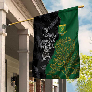 Aotearoa South Africa Rugby Freedom Cup Garden Flag Kiwi Warriors Haka with King Protea Symbol - African Pride