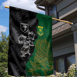 Aotearoa South Africa Rugby Freedom Cup Garden Flag Kiwi Warriors Haka with King Protea Symbol - African Pride