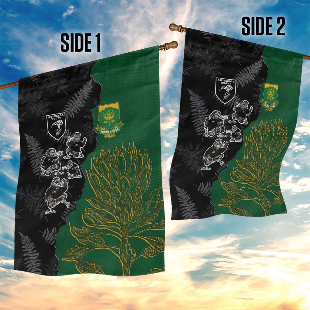 Aotearoa South Africa Rugby Freedom Cup Garden Flag Kiwi Warriors Haka with King Protea Symbol - African Pride