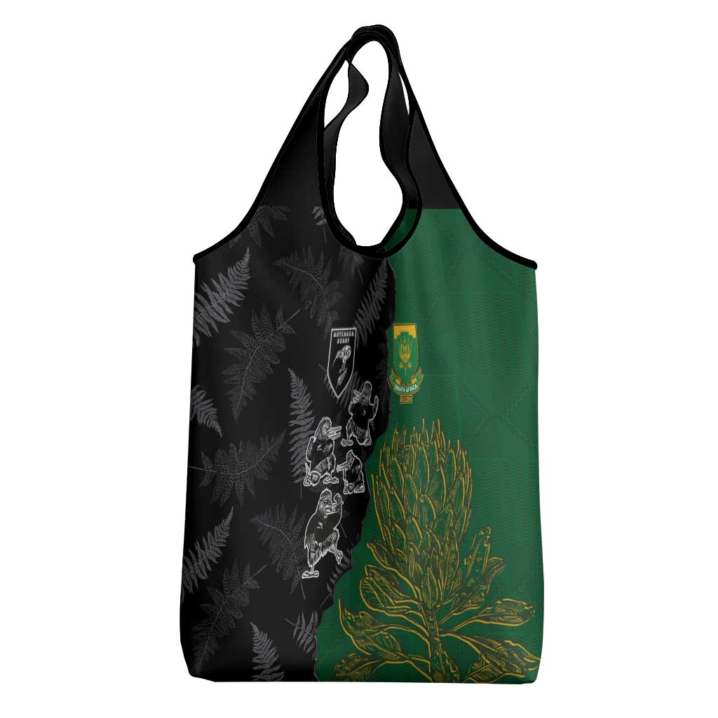 Aotearoa South Africa Rugby Freedom Cup Grocery Bag Kiwi Warriors Haka with King Protea Symbol - African Pride