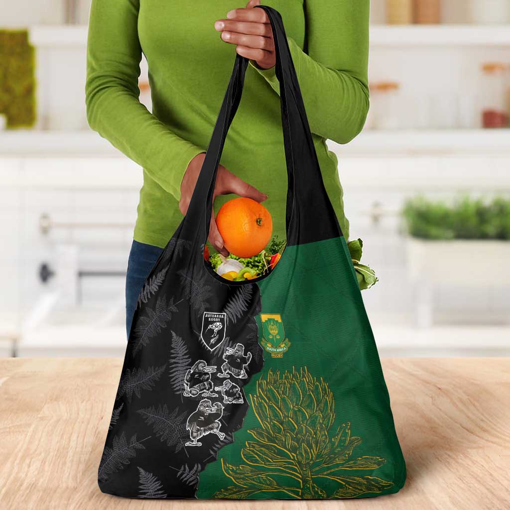 Aotearoa South Africa Rugby Freedom Cup Grocery Bag Kiwi Warriors Haka with King Protea Symbol - African Pride