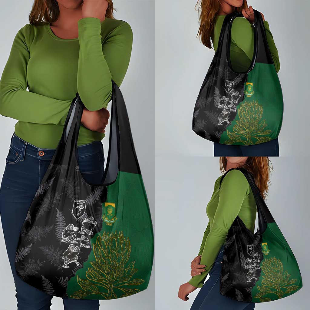 Aotearoa South Africa Rugby Freedom Cup Grocery Bag Kiwi Warriors Haka with King Protea Symbol - African Pride
