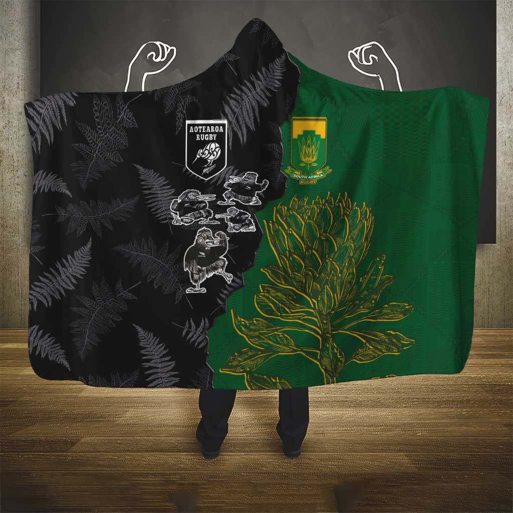 Aotearoa South Africa Rugby Freedom Cup Hooded Blanket Kiwi Warriors Haka with King Protea Symbol - African Pride