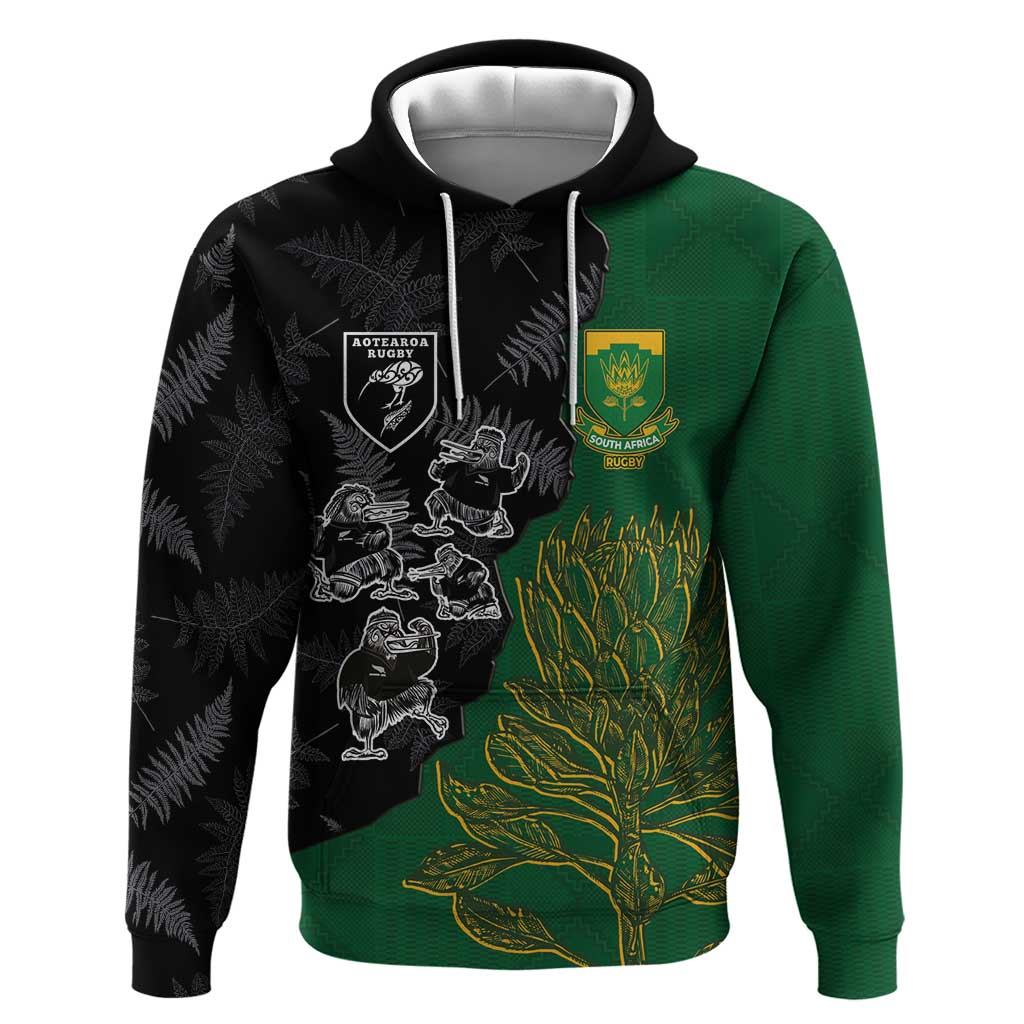 Custom Aotearoa South Africa Rugby Freedom Cup Hoodie Kiwi Warriors Haka with King Protea Symbol - African Pride