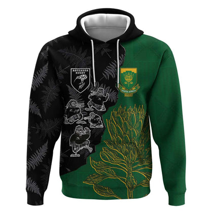 Custom Aotearoa South Africa Rugby Freedom Cup Hoodie Kiwi Warriors Haka with King Protea Symbol - African Pride