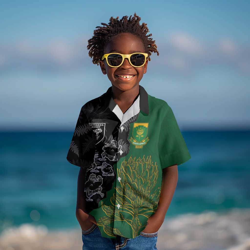 Custom Aotearoa South Africa Rugby Freedom Cup Kid Hawaiian Shirt Kiwi Warriors Haka with King Protea Symbol - African Pride