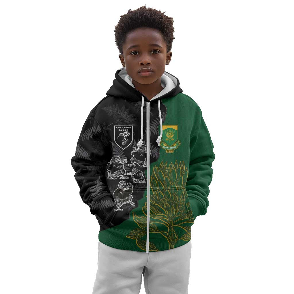 Custom Aotearoa South Africa Rugby Freedom Cup Kid Hoodie Kiwi Warriors Haka with King Protea Symbol - African Pride