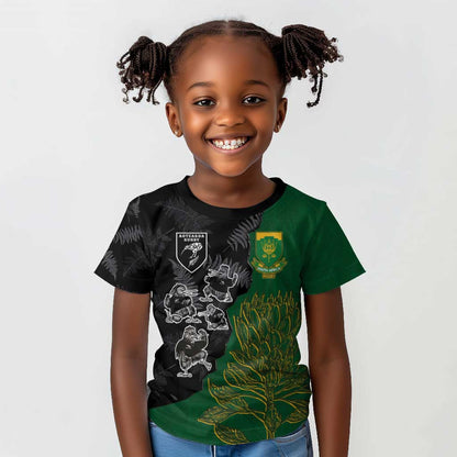 Custom Aotearoa South Africa Rugby Freedom Cup Kid T shirt Kiwi Warriors Haka with King Protea Symbol - African Pride