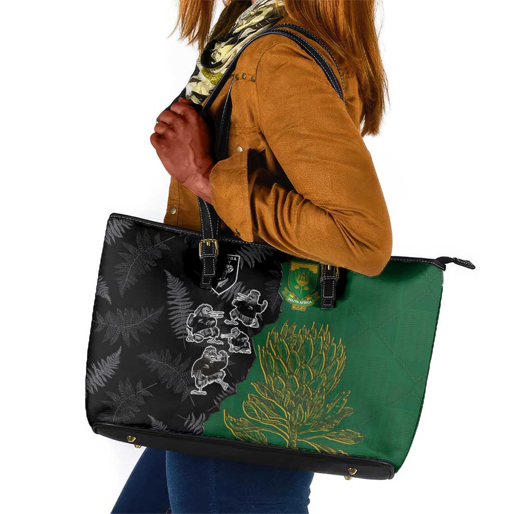 Aotearoa South Africa Rugby Freedom Cup Leather Tote Bag Kiwi Warriors Haka with King Protea Symbol - African Pride