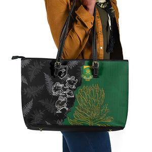Aotearoa South Africa Rugby Freedom Cup Leather Tote Bag Kiwi Warriors Haka with King Protea Symbol - African Pride