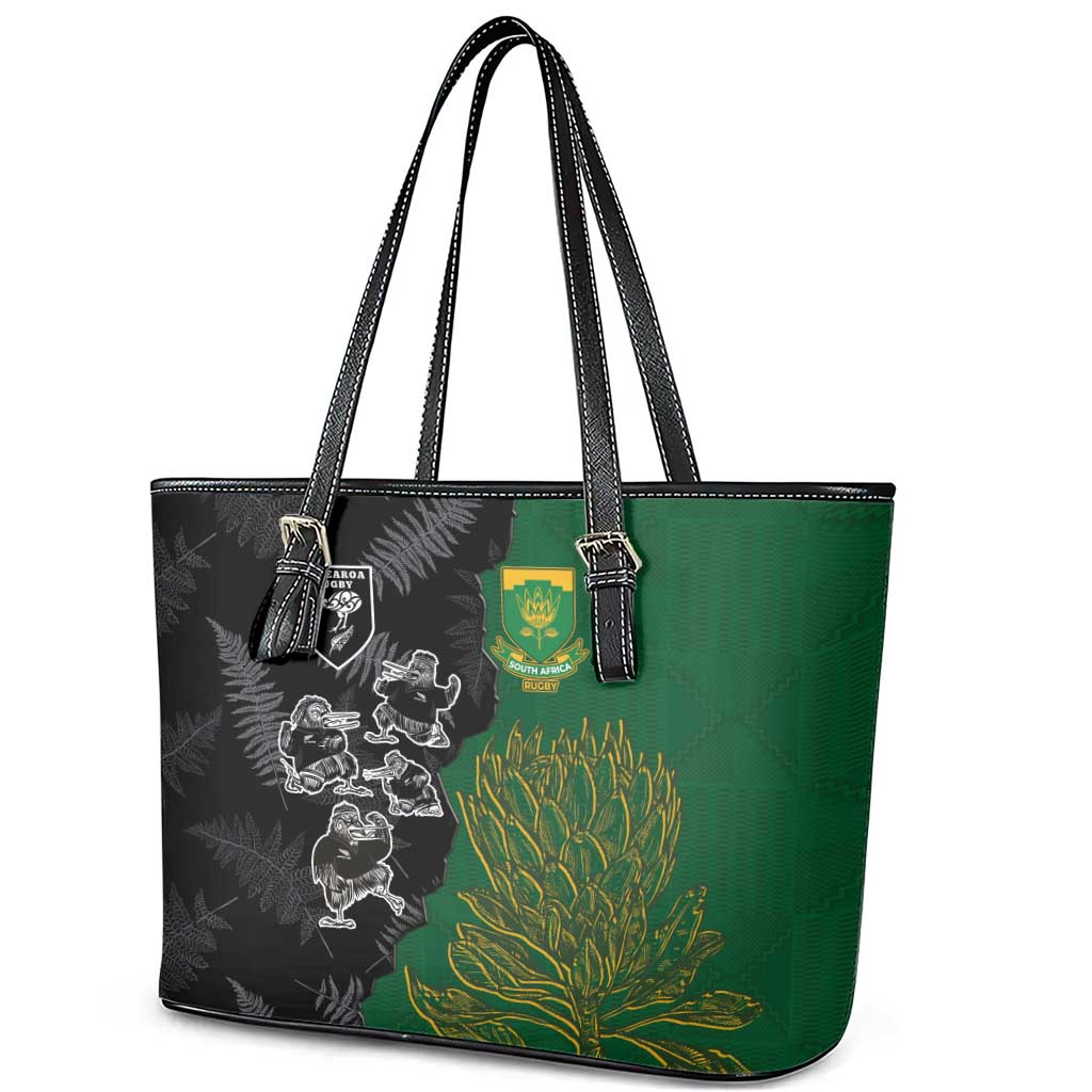 Aotearoa South Africa Rugby Freedom Cup Leather Tote Bag Kiwi Warriors Haka with King Protea Symbol - African Pride