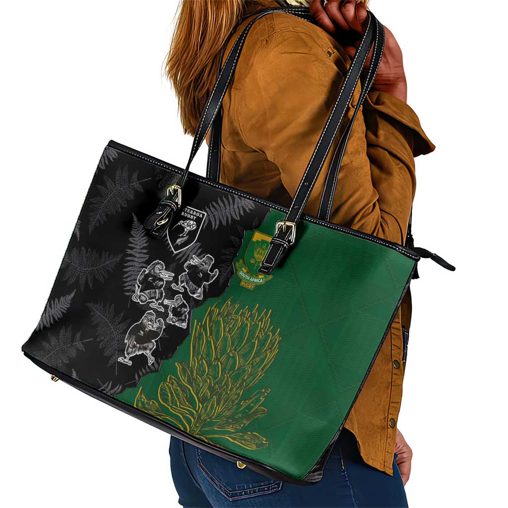 Aotearoa South Africa Rugby Freedom Cup Leather Tote Bag Kiwi Warriors Haka with King Protea Symbol - African Pride