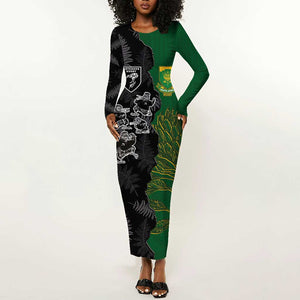 Custom Aotearoa South Africa Rugby Freedom Cup Long Sleeve Bodycon Dress Kiwi Warriors Haka with King Protea Symbol - African Pride