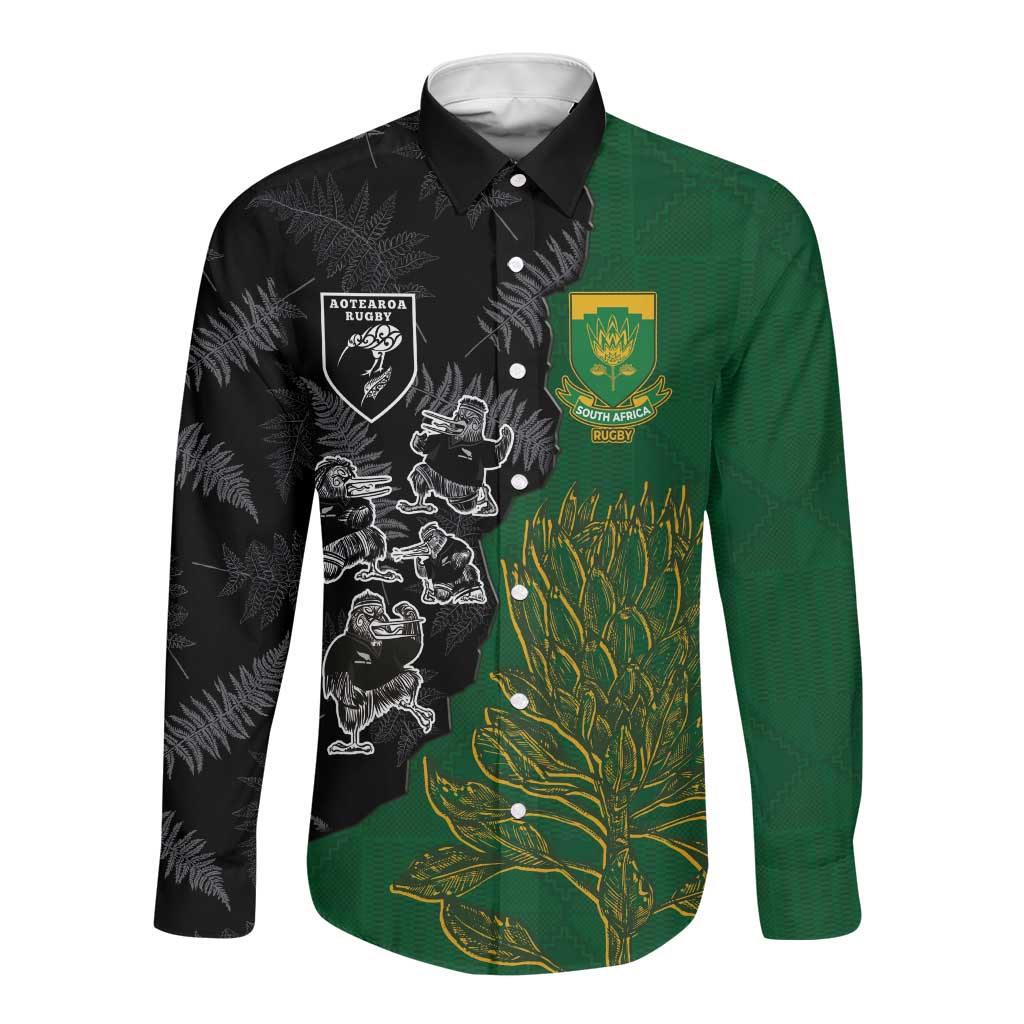 Custom Aotearoa South Africa Rugby Freedom Cup Long Sleeve Button Shirt Kiwi Warriors Haka with King Protea Symbol - African Pride