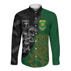 Custom Aotearoa South Africa Rugby Freedom Cup Long Sleeve Button Shirt Kiwi Warriors Haka with King Protea Symbol - African Pride